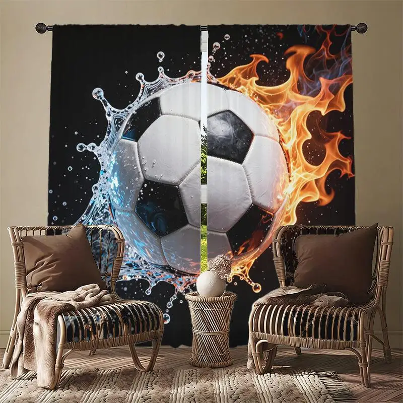 Fire and Ice Soccer Ball Curtain, Dynamic Sports Theme Window Drapes, Black Background Football Decor for Kids Room Living Room
