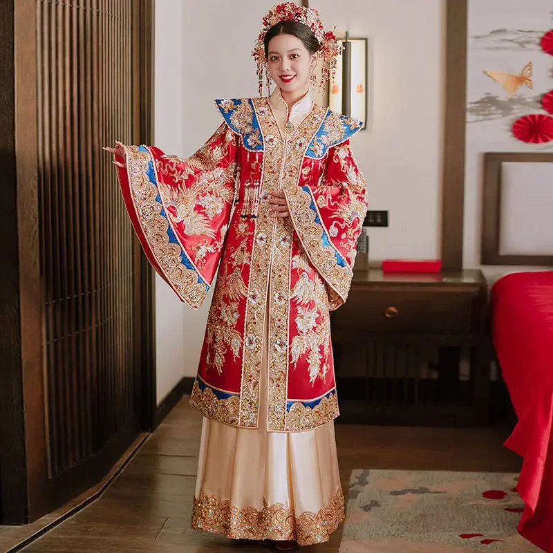 الراقية سلالة مينغ Hanfu Xiuhe فستان الزفاف فستان الزفاف الصيني الجديد المطرزة تاج فينيكس وعرض Xiapi