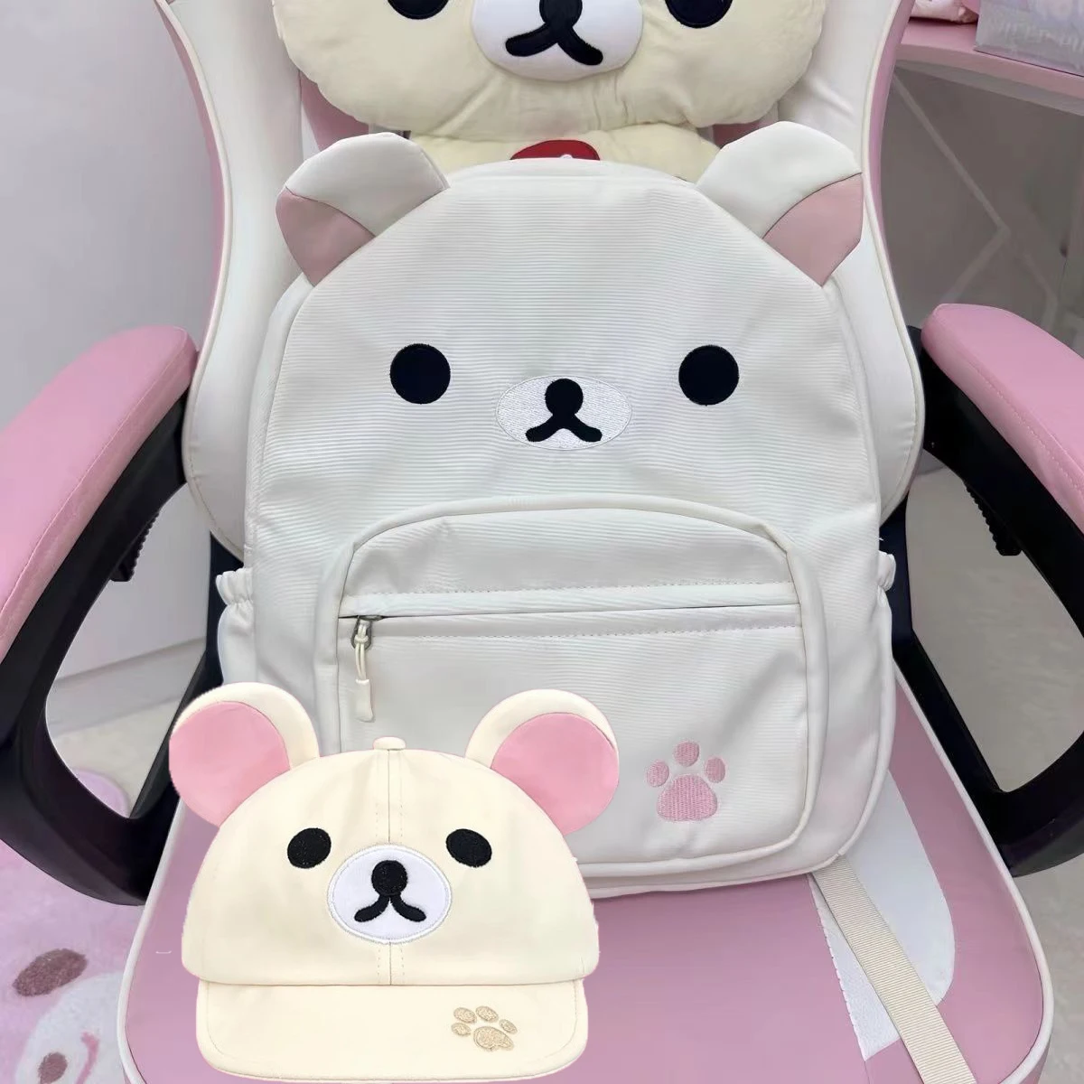 

Рюкзак Rilakkumas с героями мультфильмов и фуражка, комплект Korilakkuma, холст с вышивкой, женский рюкзак, шляпа, большая вместительная детская школьная сумка