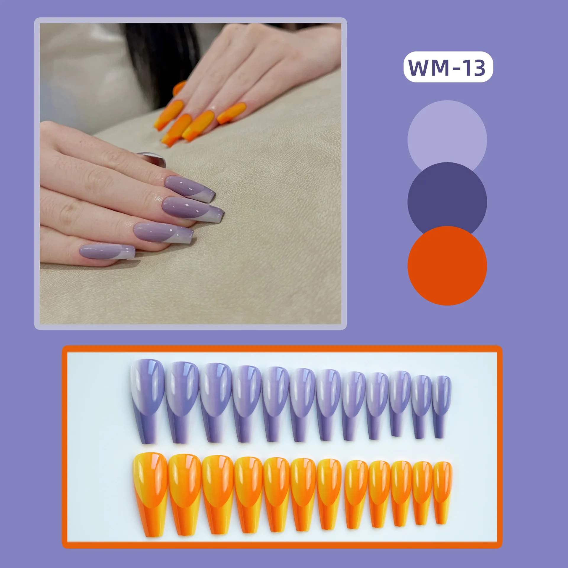 24pcs fake nails press on faux ongles DIY manicure supplies orange purple jade stone designs french long coffin tips false nails