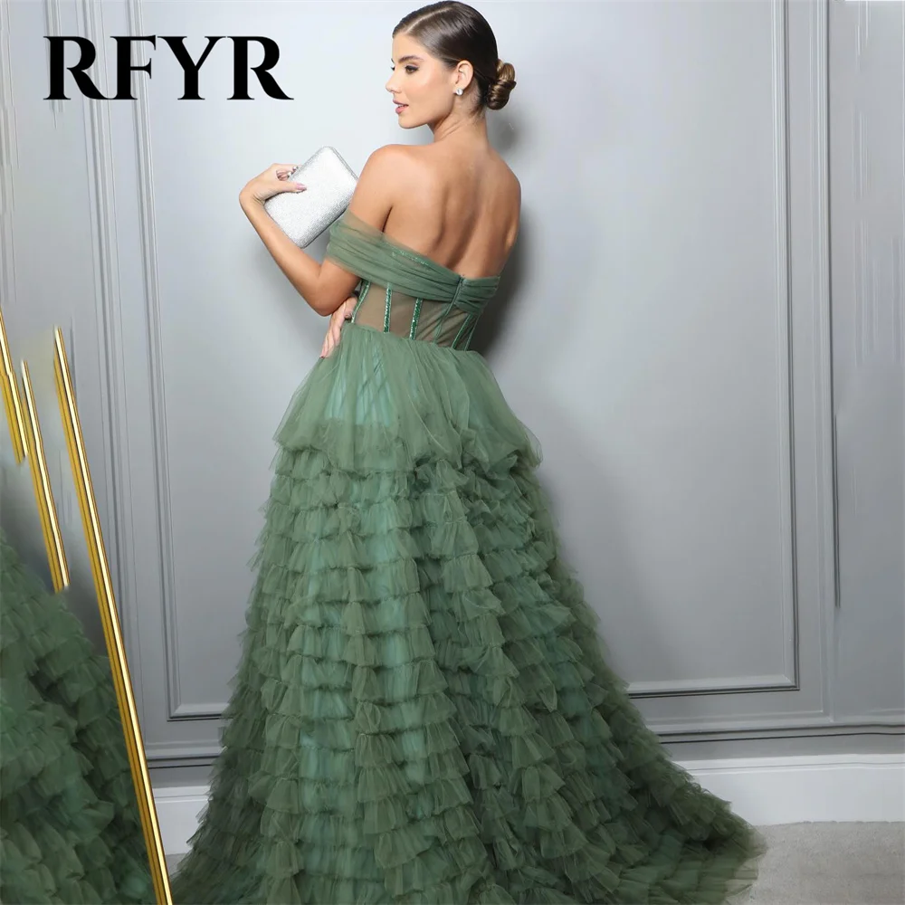 RFYR สีเขียวสายพรหมชุดสุทธิปิดไหล่ชุดฉัตร Celebrity Gowns ชั้นชุดแต่งงาน