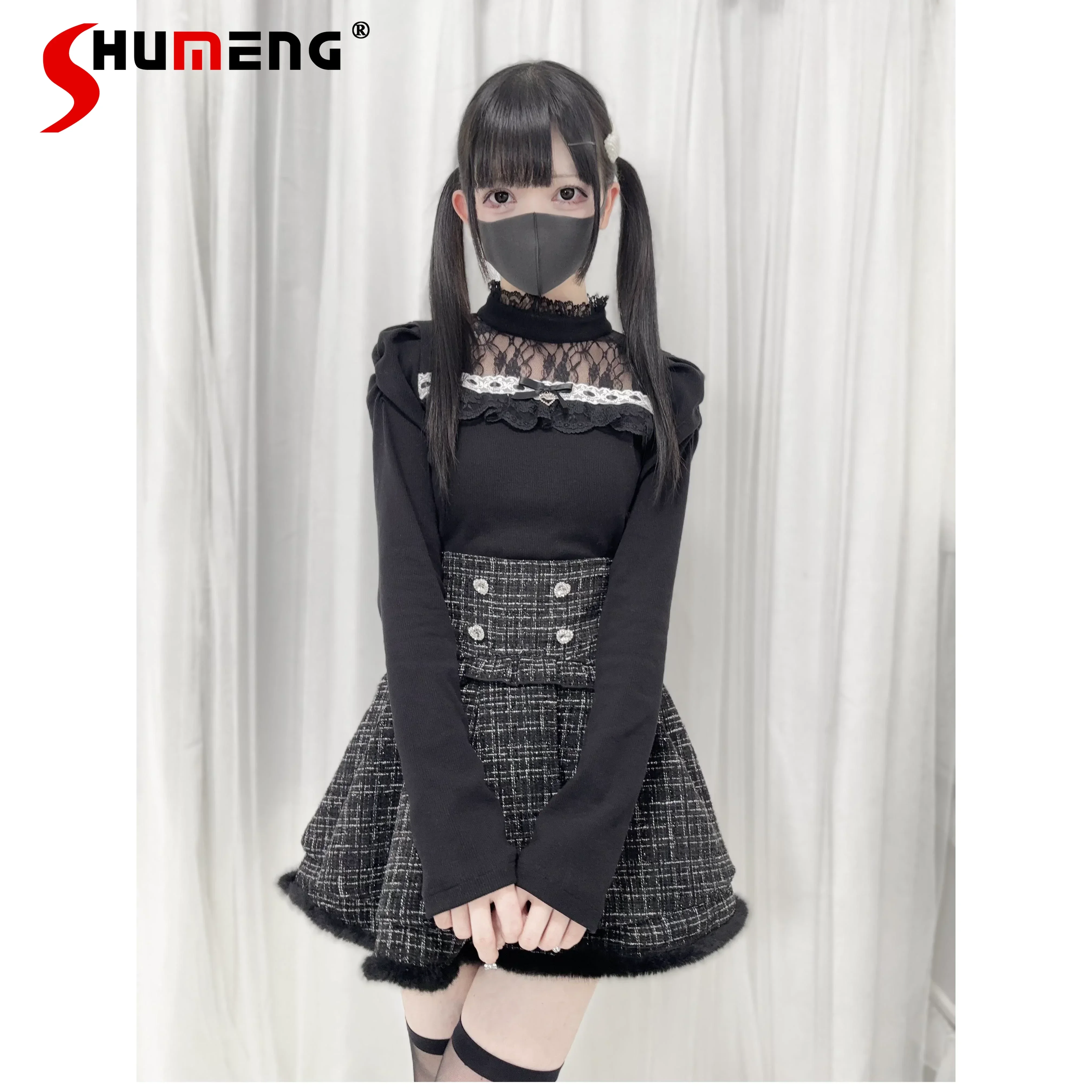 

Japanese Mine Sweet Lace Splicing Stand Collar Long-sleeved Knitted Sweater Lady Furry Wool Double-layer High Waist Short Skirt