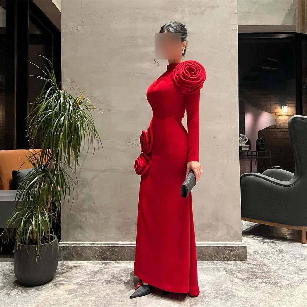 

Red Satin High Neck Evening Prom Dresses Luxurious Women's Floor Lenght Long Sleevele Wedding Party Dress With Flowers فساتين