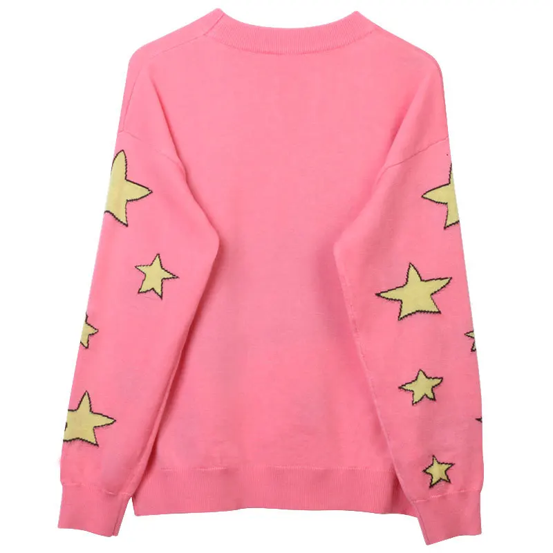 Five Stars Jacquard Knit Sweater for Women, Pink Pullover, Round Neck Jumper, Knit Tops, Autumn, Winter, 2024