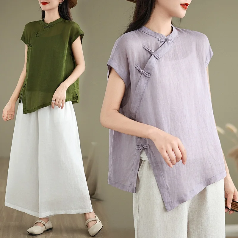Retro Chinese Sle ort Sve Katoen Linnen irt Dames Zomer Nationale Sle Schuine Kraag Knop Verbeterd tot...