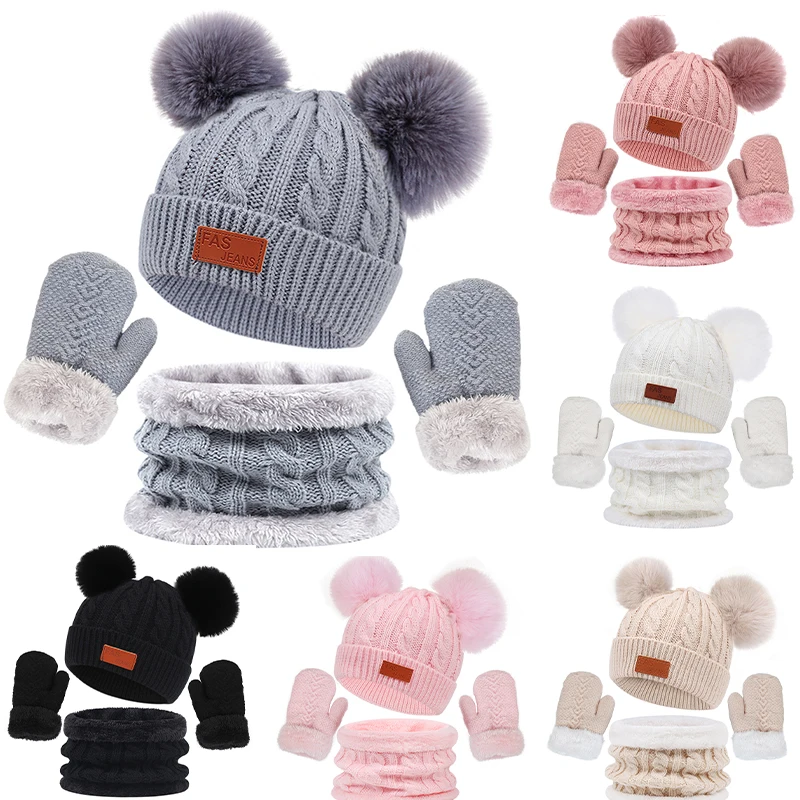 Conjunto de gorro y guantes de lana de doble bola para niño y niña, gorro de punto de Color sólido, gorro infantil de 1 a 4 años, Invierno