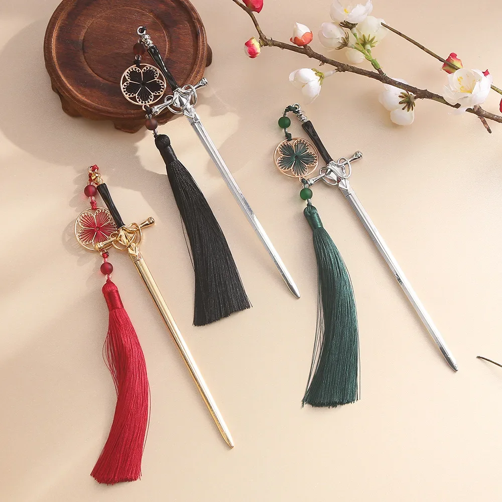 New Punk Metal Sword Tassel Pendant Hairpin Chinese Simple Hair Sticks For Women Trendy DIY Hairstyle Design Tools Accessories