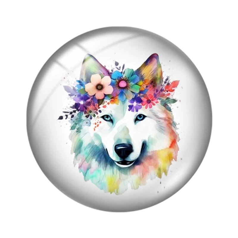 Wolf in flowers Watercolor  12mm/18mm/20mm/25mm Round photo glass cabochon demo flat back Making findings