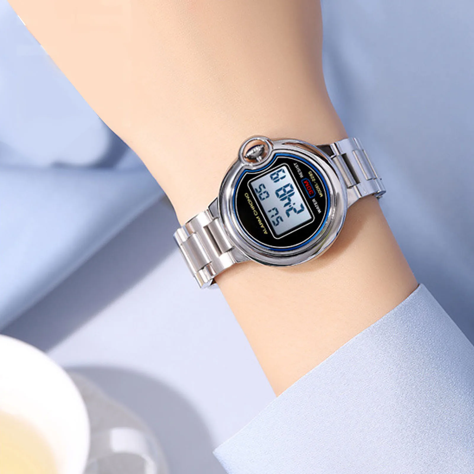 Women Electronic Watch Water Resistant Outdoor Sports Watch Multifunctional Stainless Steel Wrist Watch for Women