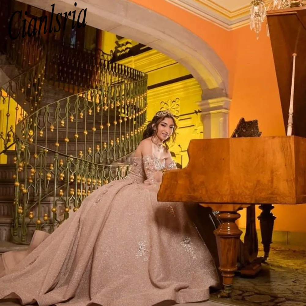 Sparkly Prinses Baljurk Jurk 3D Bloemen Quinceanera Jurken Lovertjes Formele Verjaardag Prom Jassen Sweet 15 16