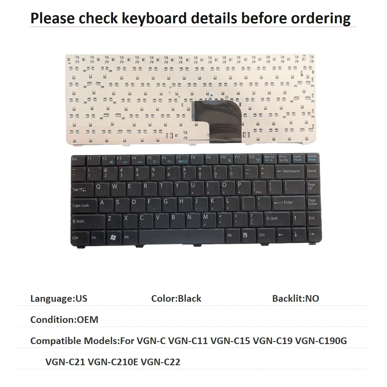 New US Language  Keyboard For Sony VGN-C VGN-C11 VGN-C15 VGN-C19 VGN-C190G VGN-C21 VGN-C210E VGN-C22 Replacement Keyboard