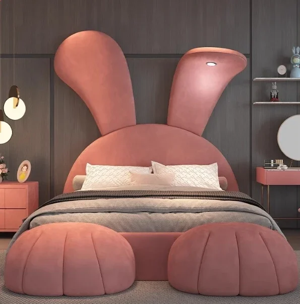 Modern minimalist children's double princess bed high quality wooden fabric rabbit bed bedroom or living room