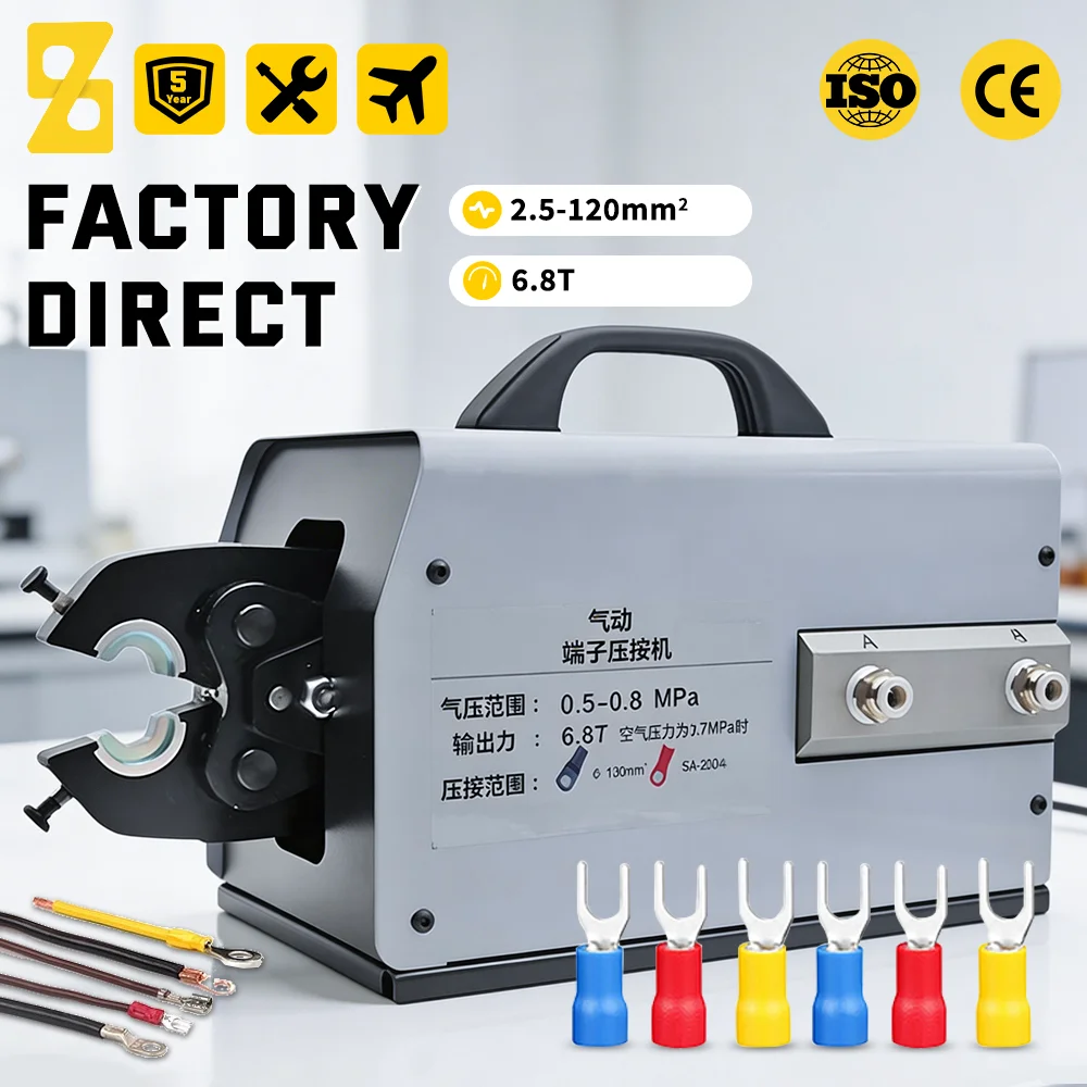 ZTEN 6.8T Pneumatic Terminal Crimping Machine 2.5-120mm² Cold Press Crimper 0.5-0.8MPa Desktop Crimping Plier with Multiple Dies