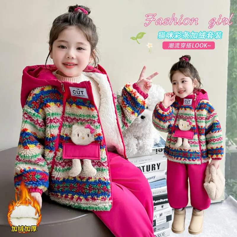 

Girl's Hello Kitty Thick Warm Jacket 2Pcs Winter 2025 New Children's Cartoon Anime Fashion Sports Set Sweet Comfort Clothing