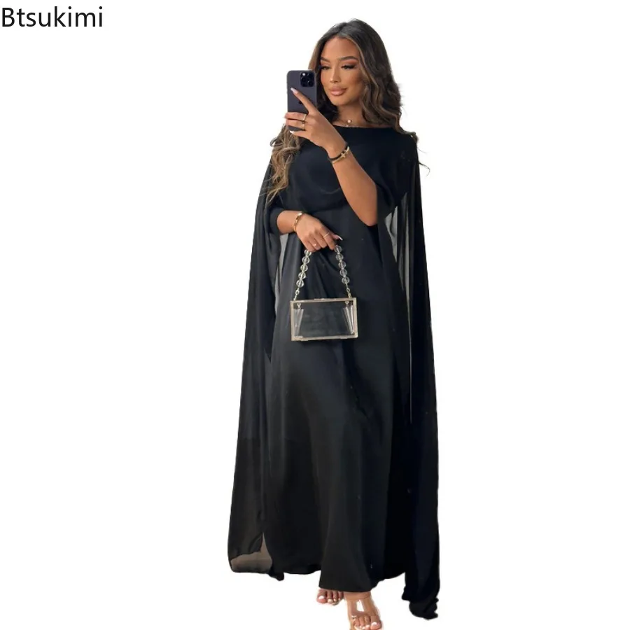 New Women\'s Solid Elegant Maxi Dress Cape Sleeve Patchwork Formal Evening Dresses Muslim Fashion Abayas Women Chiffon Party Robe