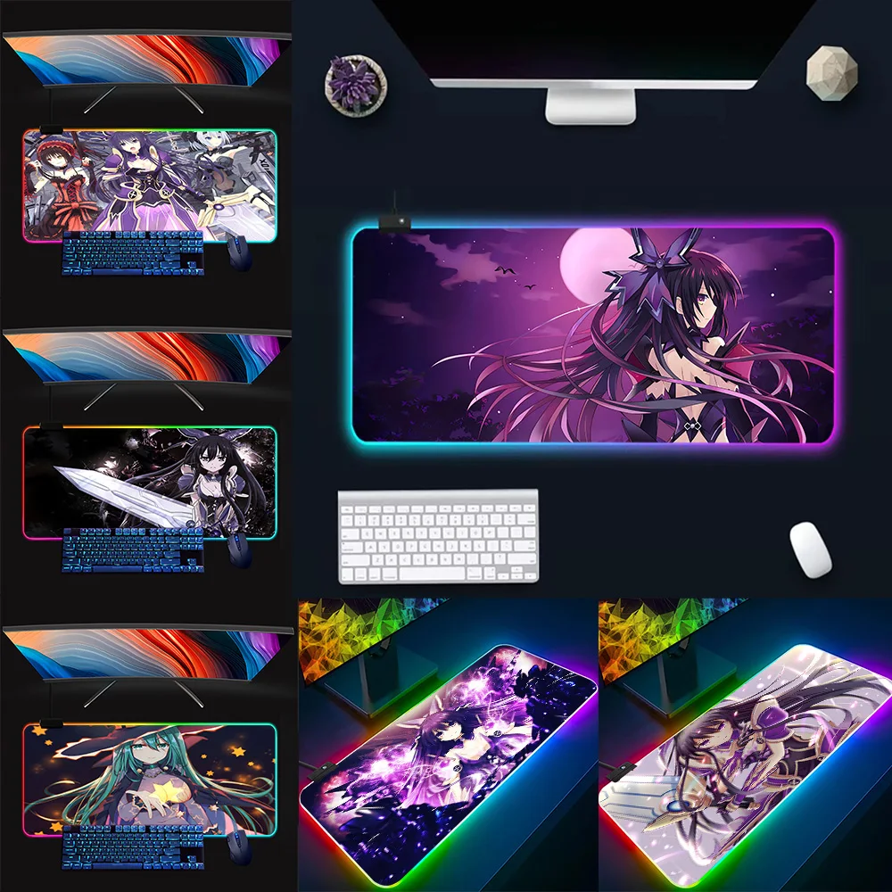 D-DATE A LIVE RGB Pc Gamer Keyboard Mouse Pad Mousepad LED Glowing Mouse Mats Rubber Gaming Computer Mausepad