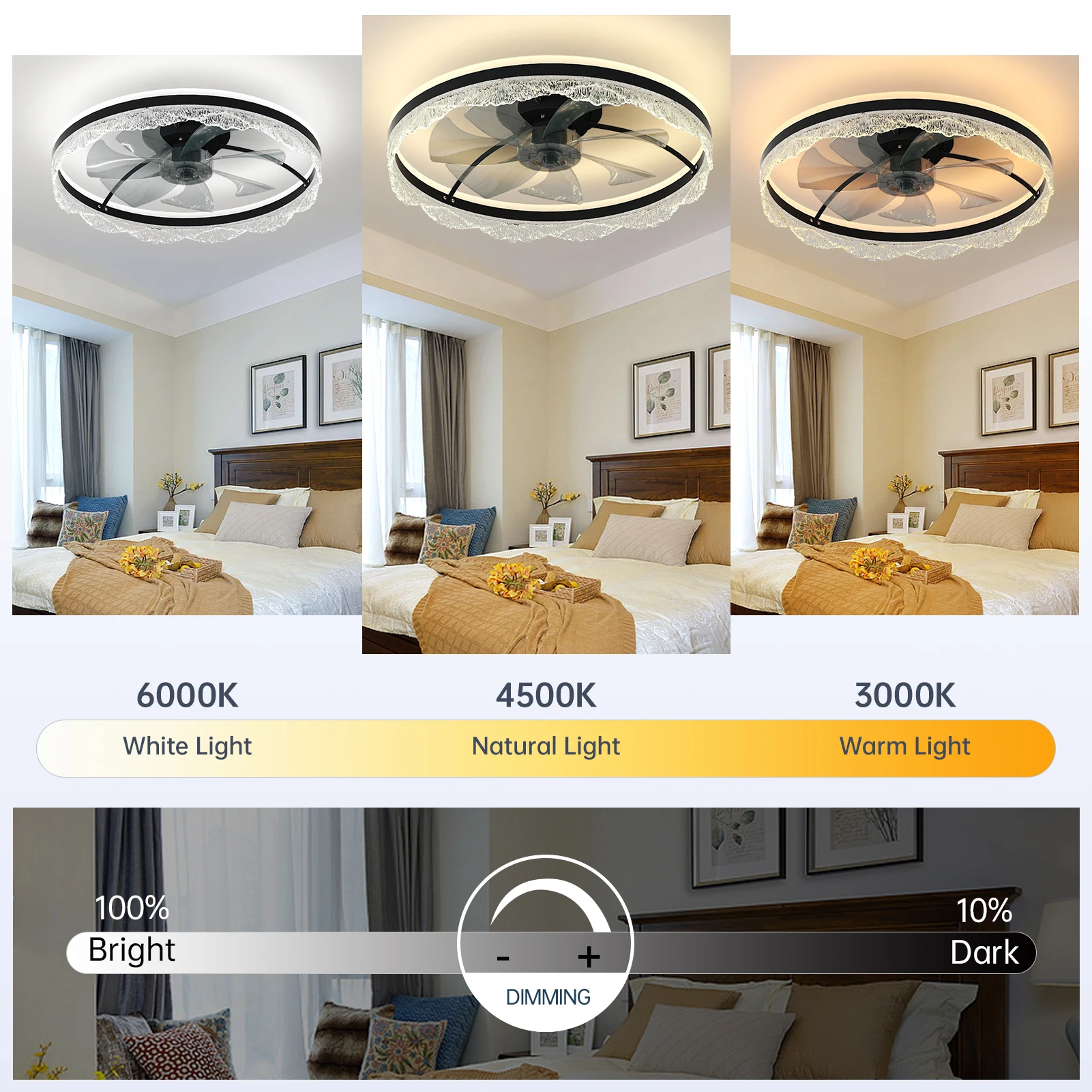 24" Smart Silent Ceiling Fan with Light -Crystal Flush Mount LED Fan Lamp with Hidden Blades and Natural Airflow System,Designed