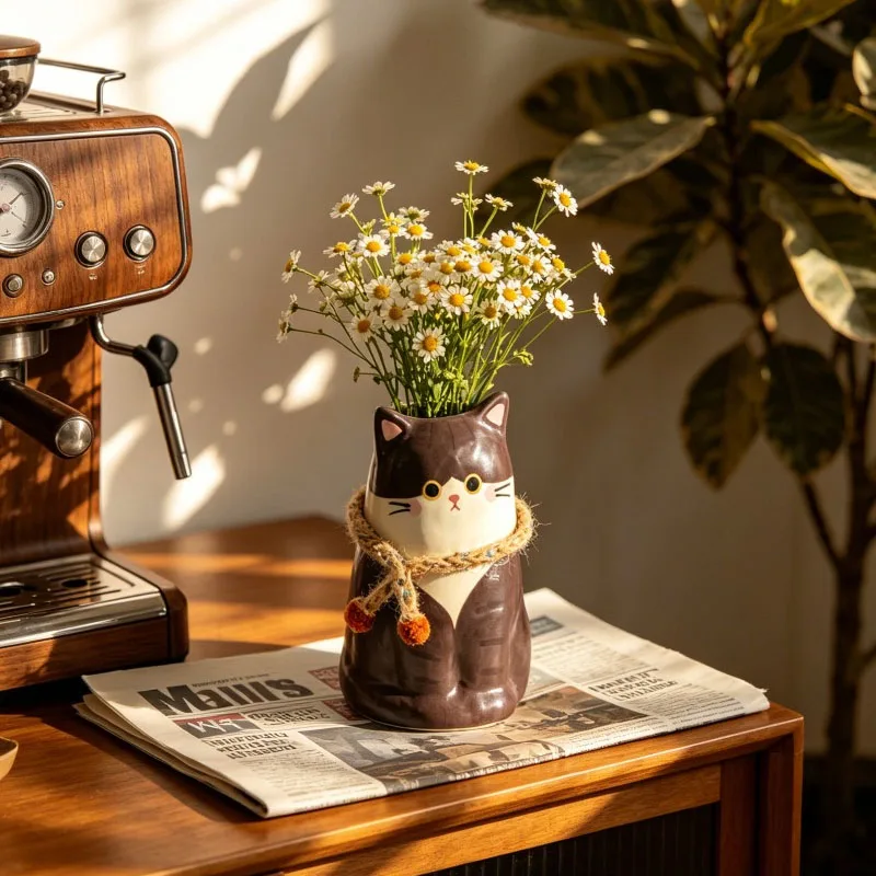 Cartoon Cute Cat Shape Ceramic Vase Ornaments Living Room Dining Table Bedroom Desktop Flower Arrangement Art Vase Birthday Gift