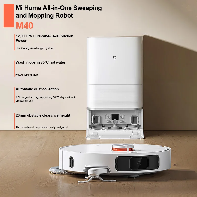 Робот-пылесос и швабра Xiaomi M40, лидарная навигация, автоматическая основа для очистки пыли и самоочистки, ультра всасывание 12000 Па, для шерсти домашних животных