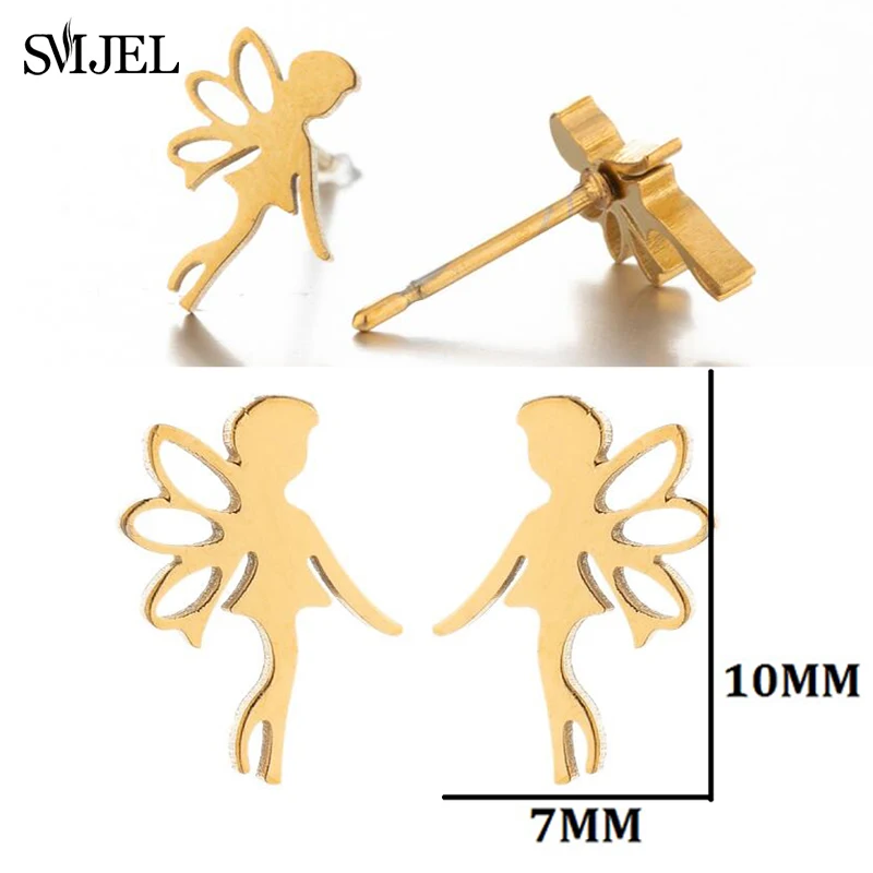 Mini Stainless Steel Earrings for Women Geometric Cat Fish Crown Heart Key Face Earring Korean Star Moon Studs Jewelry Gift