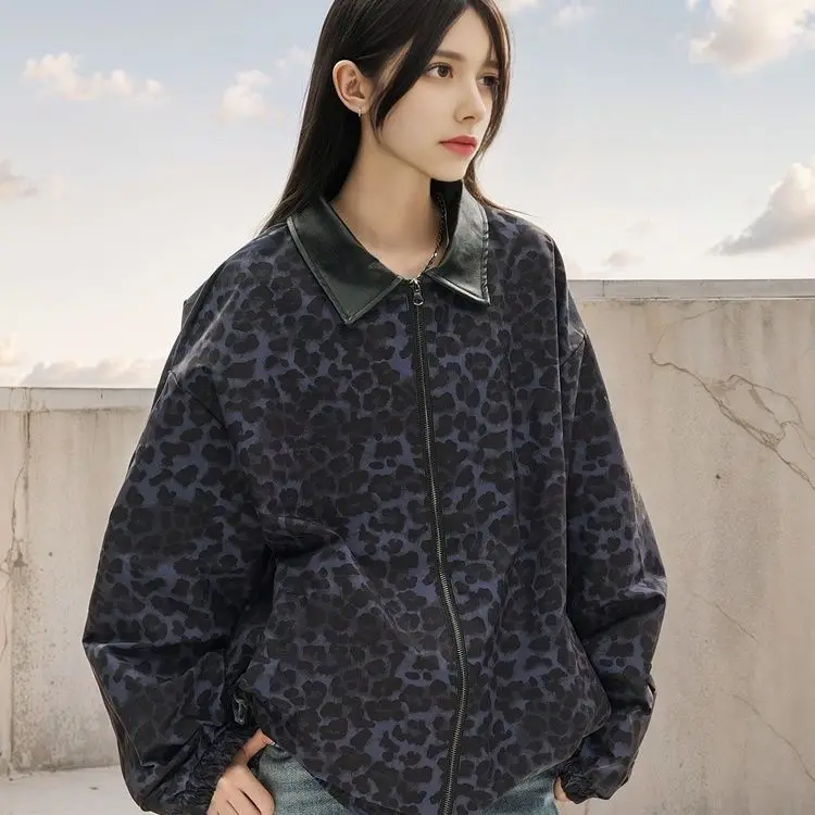 

Leopard Print Lapel Loose Jacket Unisex American Streetwear 2024 Vintage Casual Fashion Outerwear