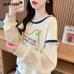 Women Korean Fashion Letter Embroidery Chic Sweet Kawaii Sweatshirts Casual Streetwear O Neck Long Sleeve Loose Pullover Tops