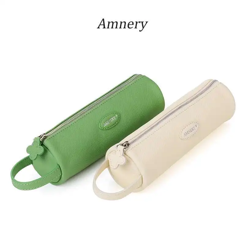 

Genuine Leather Cylinder Pencil Case Artistic Fresh Makeup Bag Storage Pen Bag