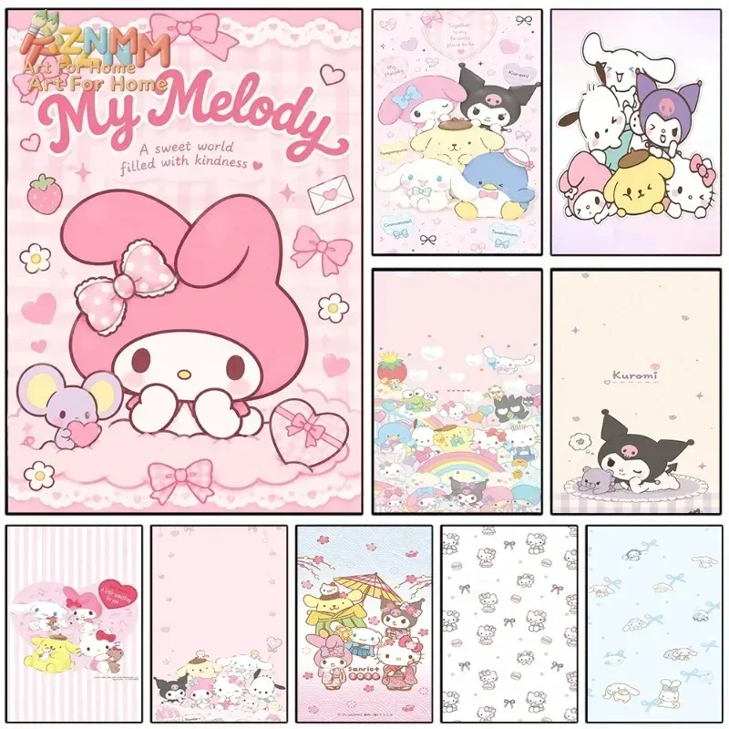 AZNM My Melody Kuromi Cinnamoroll Canvas Poster Kawaii Sanrio Characters Wall Art Print Girls Room Decor Unframed Painting