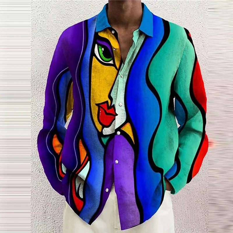 Abstract Face Shirts Portrait 3d Printed Shirts Men Women Fashion Hawaiian Shirt Long Sleeve Beach Blouse Mens Vocation Clothing