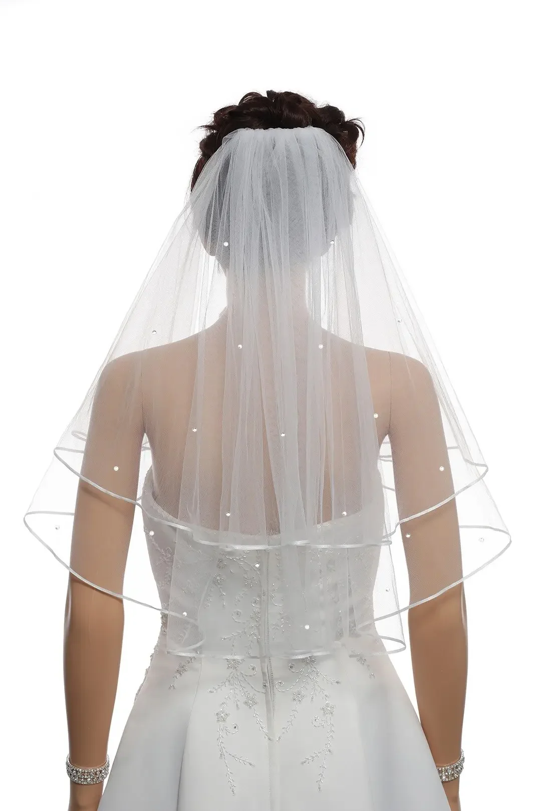 

2T 2 Tier Ribbon Edge Center Gathered Rhinestone Crystal Bridal Veil 2025