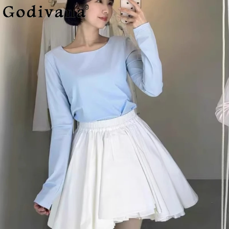 النمط الياباني الحلو الأبيض تنورة قصيرة ربيع الخريف 2025 المرأة مرونة الخصر غير النظامية منتفخ تنورة الفتيات اليومية تنورة غير رسمية #2