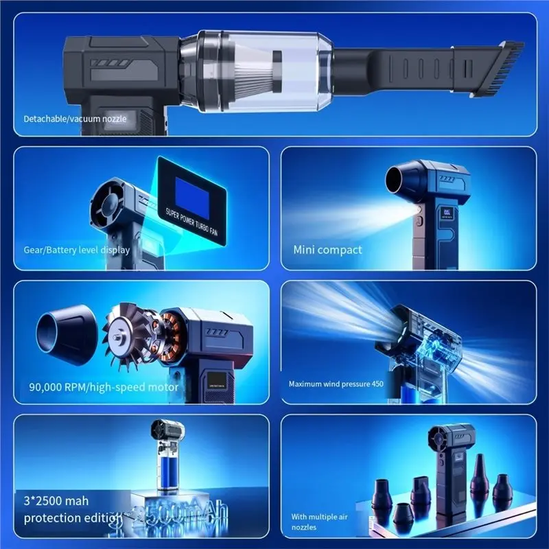 [NEWA08R】 Fan Blower 900000RPM 450G 5 Gear Adjustable Cordless Air Jetfan Blower With Led Light Display Compressed Air