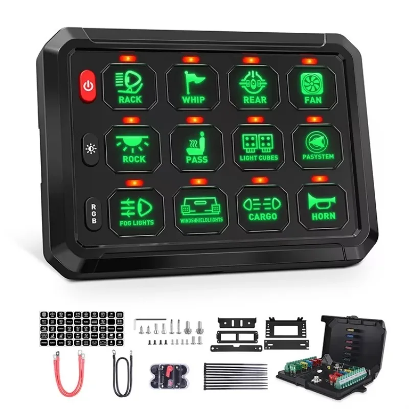 12 switch panel P1B RGB LED touch control box 1920W high power relay system with 4 modes, suitable for trucks, boats, RVs, UTV