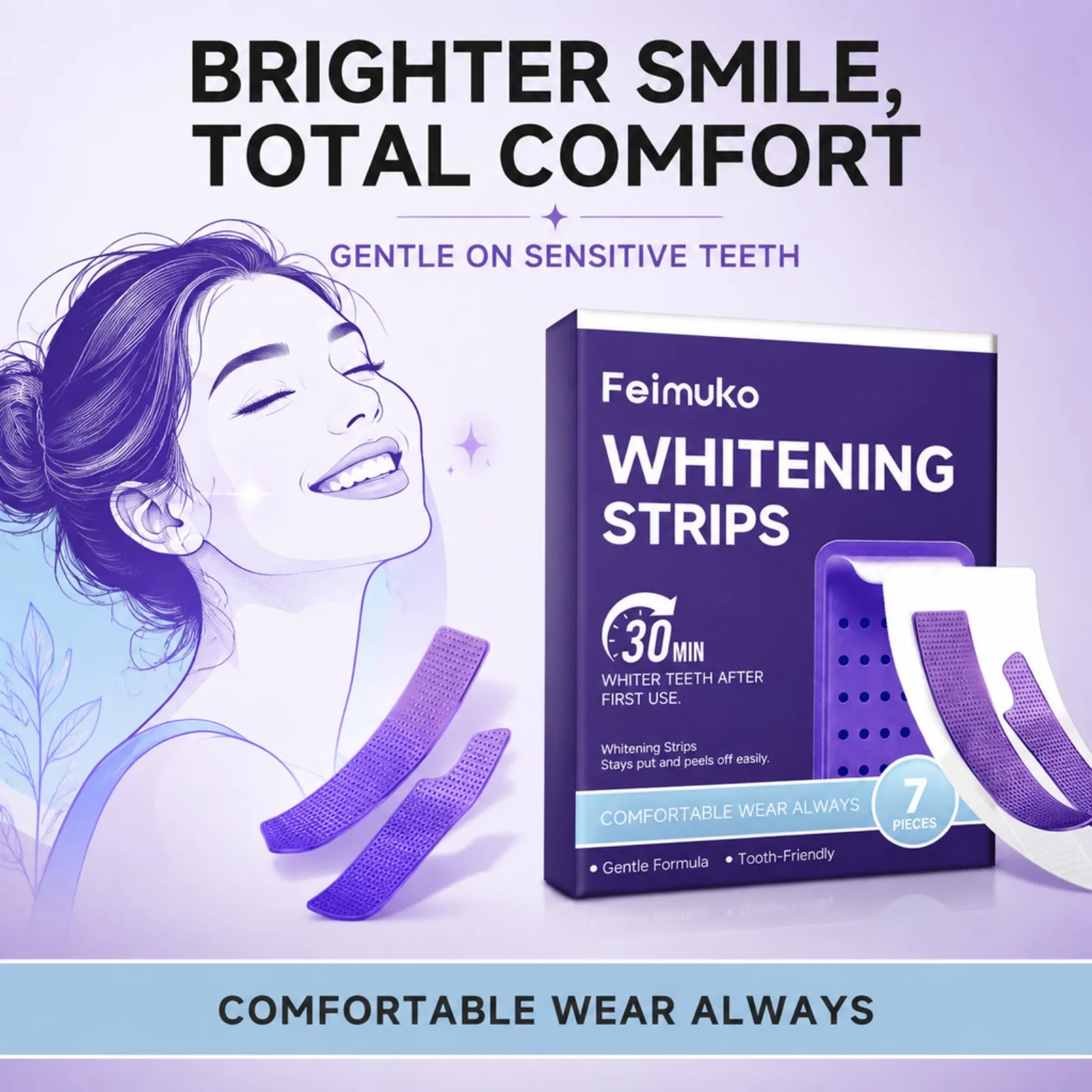 Teeth Whitening Strips 7 Days Brightening Gentle Formula 30 Min Fast Result Remove Surface Stains Strong Adhesion Oral Care
