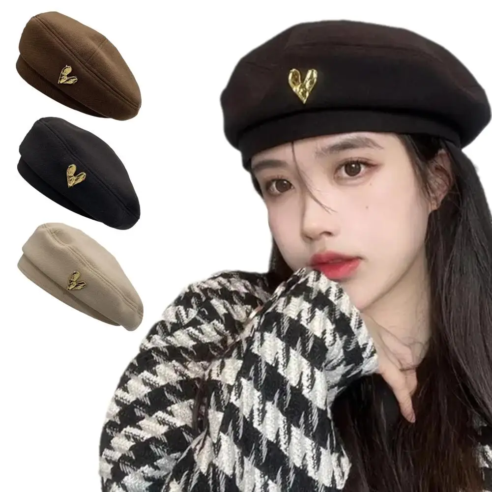 Classic Solid Color Wool French Beret Hat Lover Heart Beret Cap For Women Girls Fashion Winter Artist Painter Hat 56-58cm T2D1