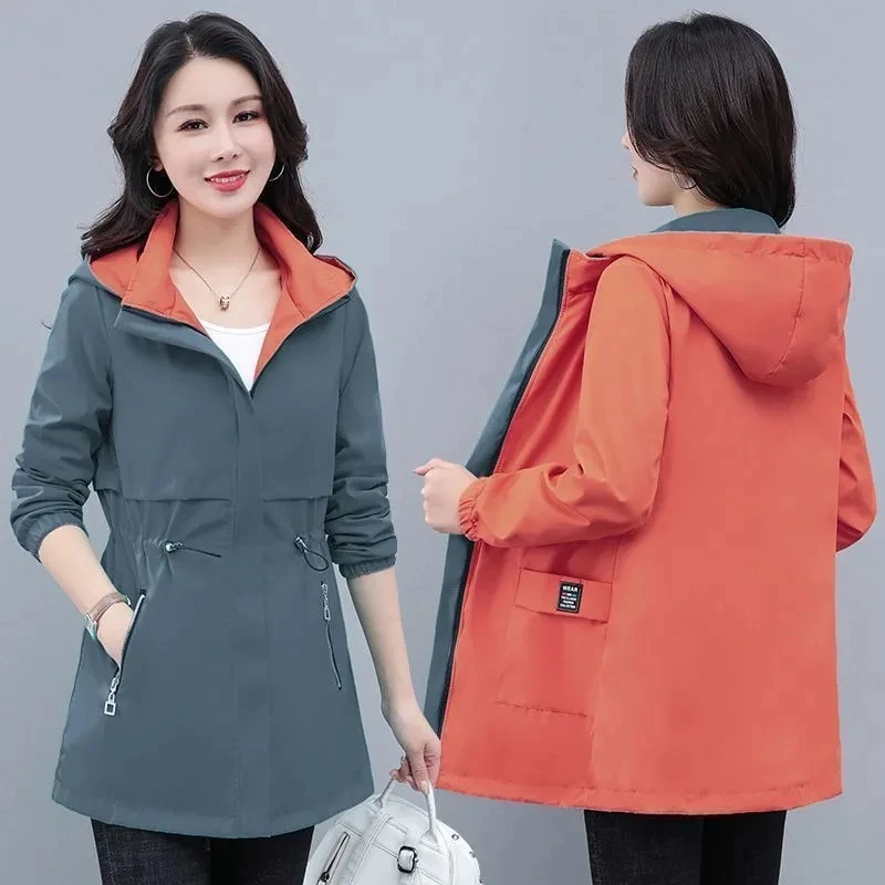 Women Double-Sided Trench Coat 2025 New Spring Autumn Clothes Hooded Large Size Long Windbreaker Jacket Female Outerwear Tops