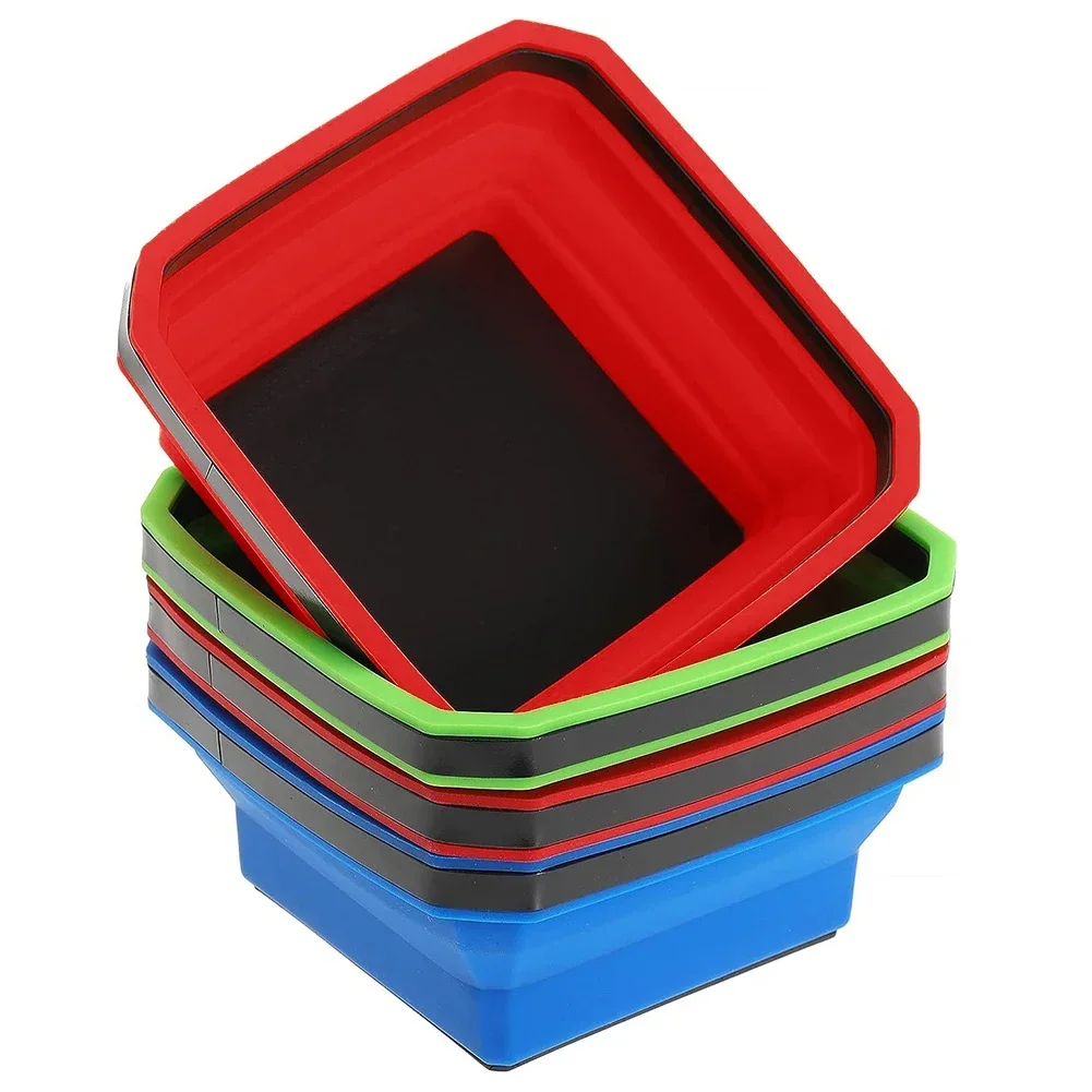 3pcs Collapsible Magnetic Parts Tray Set Foldable Magnetic Tray 4.5 Inch Square Silicone Bowls With Magnetic Base Organizer