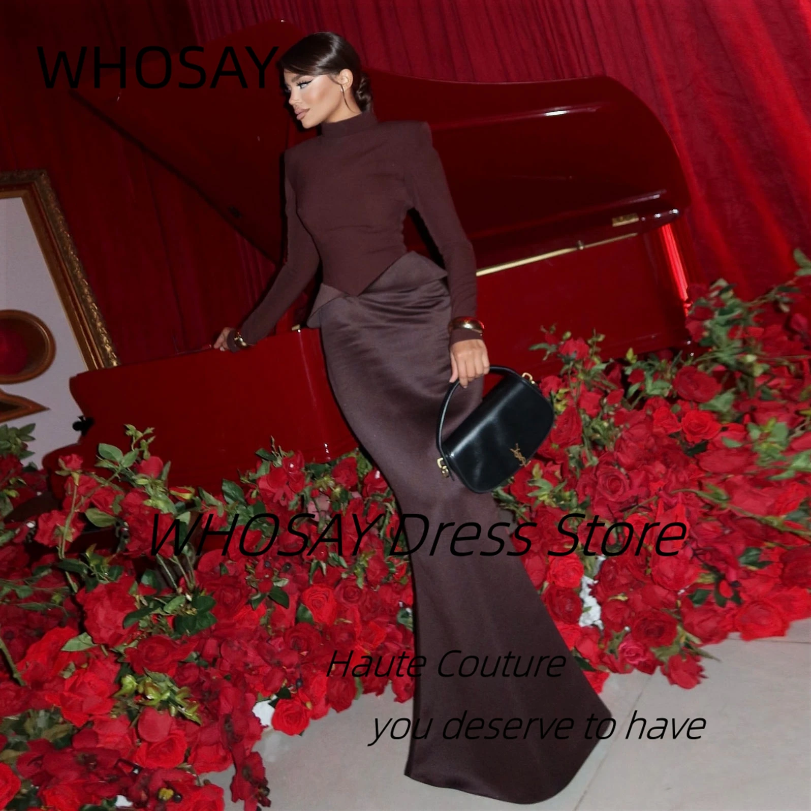 

WHOSAY Vestidos De Fiesta Elegantes High Collar Long Sleeves Prom Dresses with Peplum Backless Evening Party Dress Customized