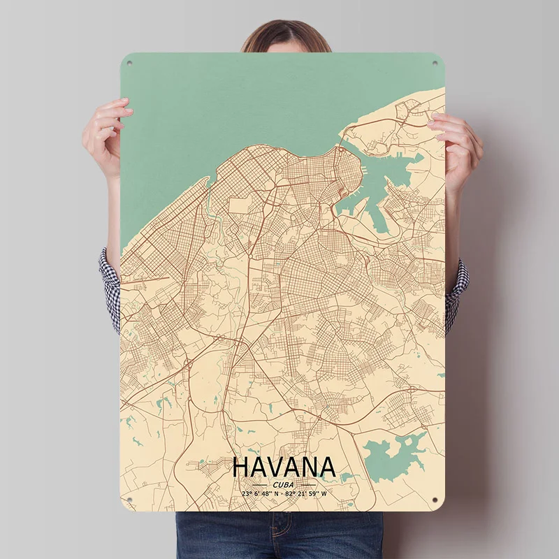 Havana Vintage City Map Poster Customized Vintage Metal Signs Wall Art Retro Tin Plaque for Modern Home Decoration Luxury House
