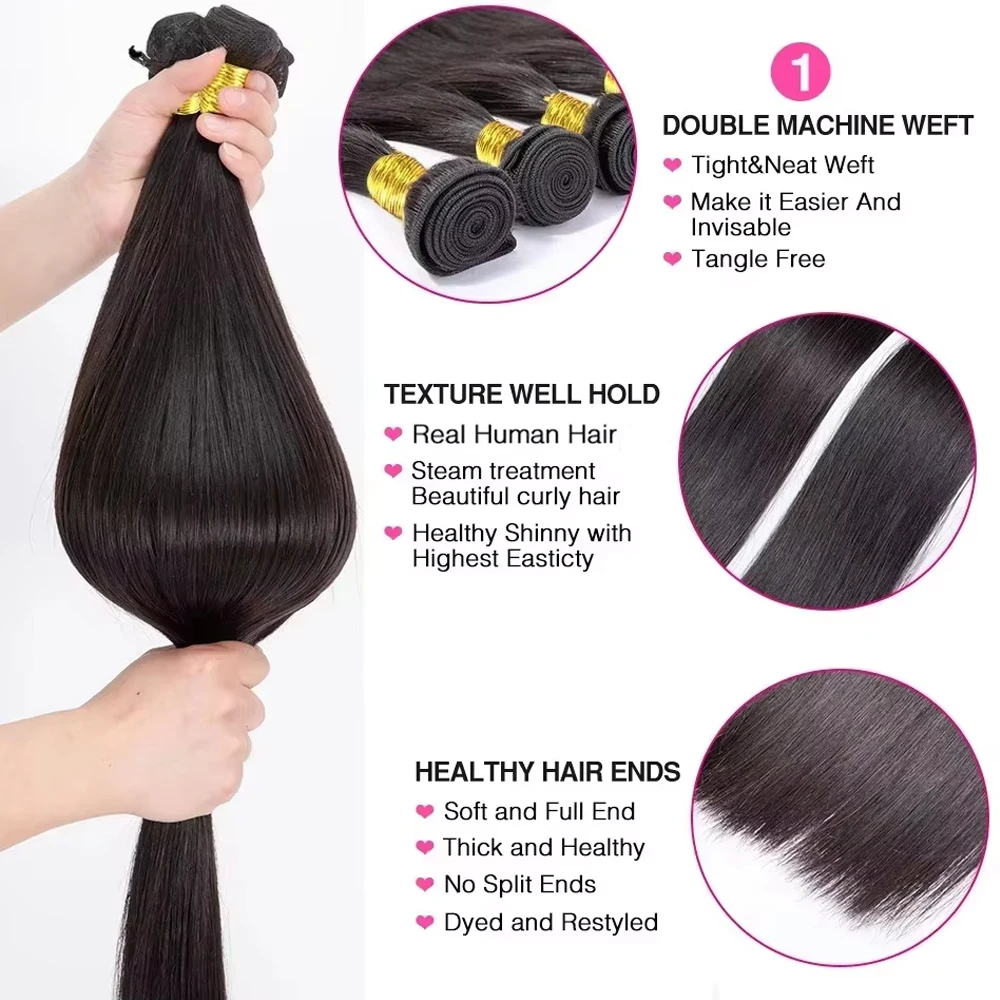 Cabelo Humano Peruano Liso Cru, 3 ou 4 Pacotes, 28-30 Polegadas, Extensões de Cabelo Virgem Remy para Mulheres, Pacotes para Costurar e Aplicar Rapidamente