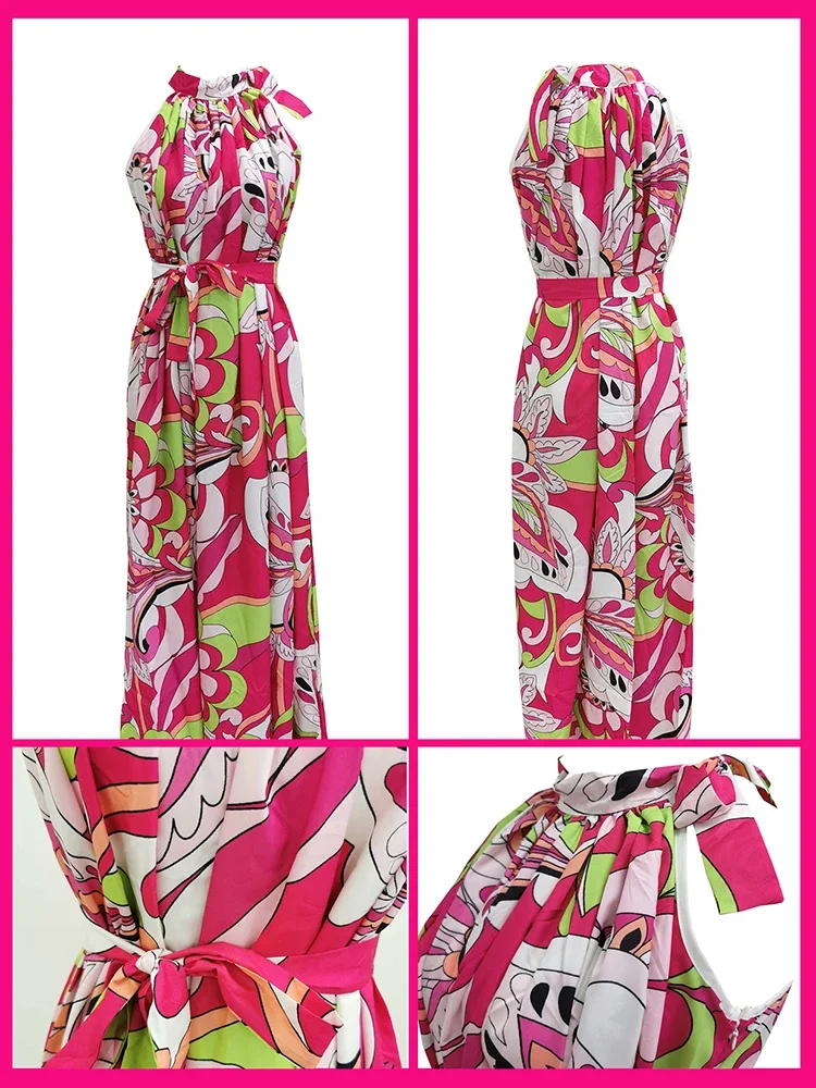 여성을위한 우아한 꽃 프린트 긴 드레스 2023 패션 홀터 비치 드레스 느슨한 여름 비키니 커버 휴가 Boho 가운