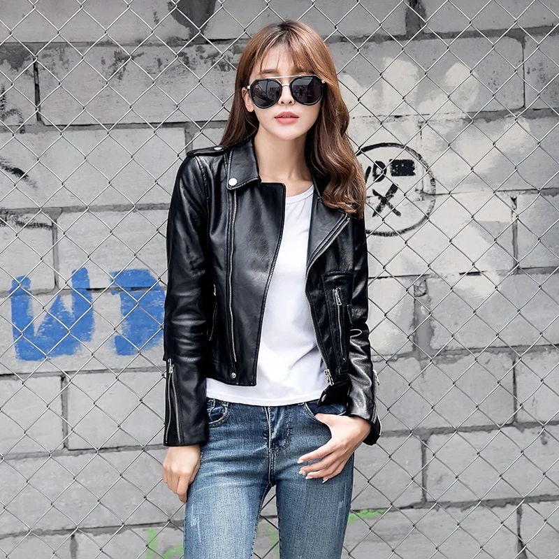 FTLZZ Women Motorcycle Pu Leather Jacket Winter And Spring Black Red Faux Leather Coat Turn Down Collor Lady Outerwear