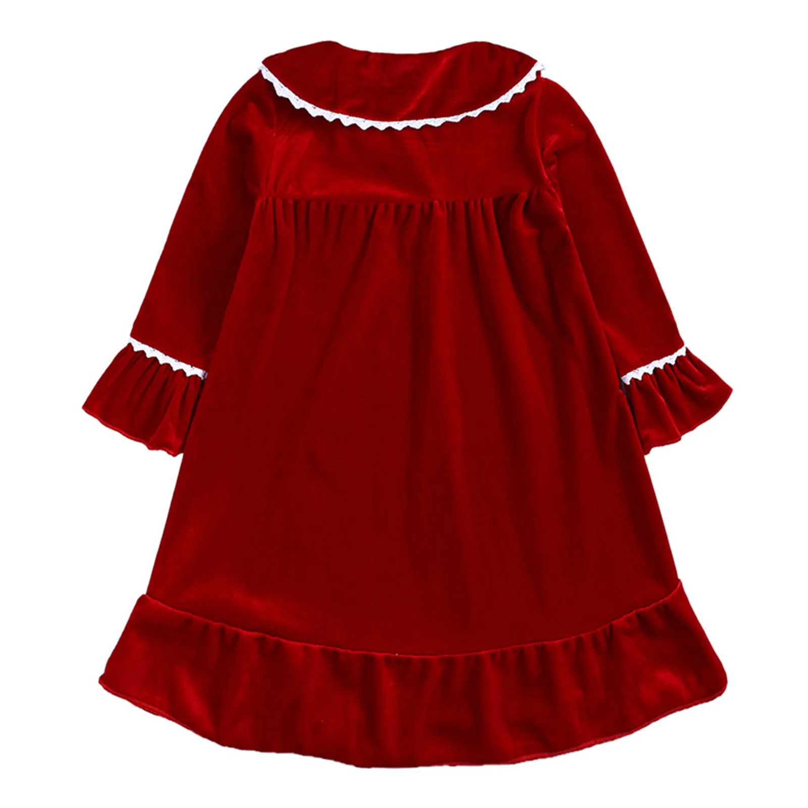 Kids Girls Christmas Party Dress Long Sleeve Cute Lapel Lace Trim Ruffled Velvet Dresses Gown for Birthday New Year School Daily