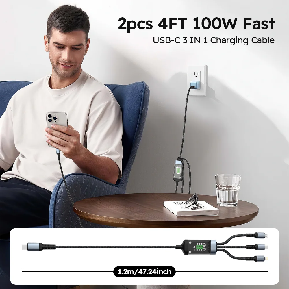 2M 2/4/6/8PCS 3 In 1 Fast Charging Cable,For Iphone Samsung Huawei Xiaomi, A Multi-purpose Line, Easy To Carry