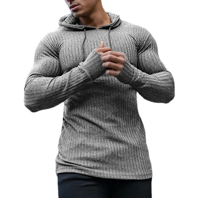 New Fashion Spring Autumn Hooded Sweaters Men Thin Knitted Gym Clothing Slim Fit Pullover Man Classic Ribbed Knit Hoodie Jumper