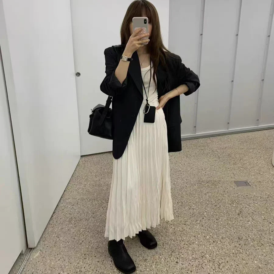 

Ounce2025 Новая осенняя однотонная драпированная юбка-миди трапециевидной формы с широкой талией, повседневная свободная юбка средней длины со сборками