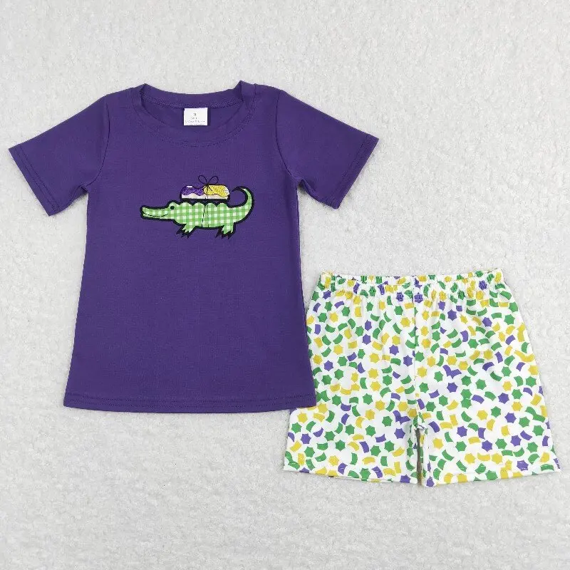 

New rts infant and toddler boys carnival purple set wholesale boutique embroidered crocodile short sleeve shorts boys set