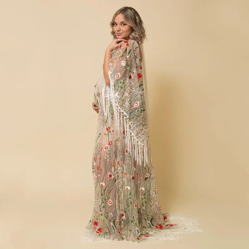 Transparent Embroidered Tulle Maternity Photography Props Dress Boho Lace Pregnancy Photo Shoot Maxi Dress