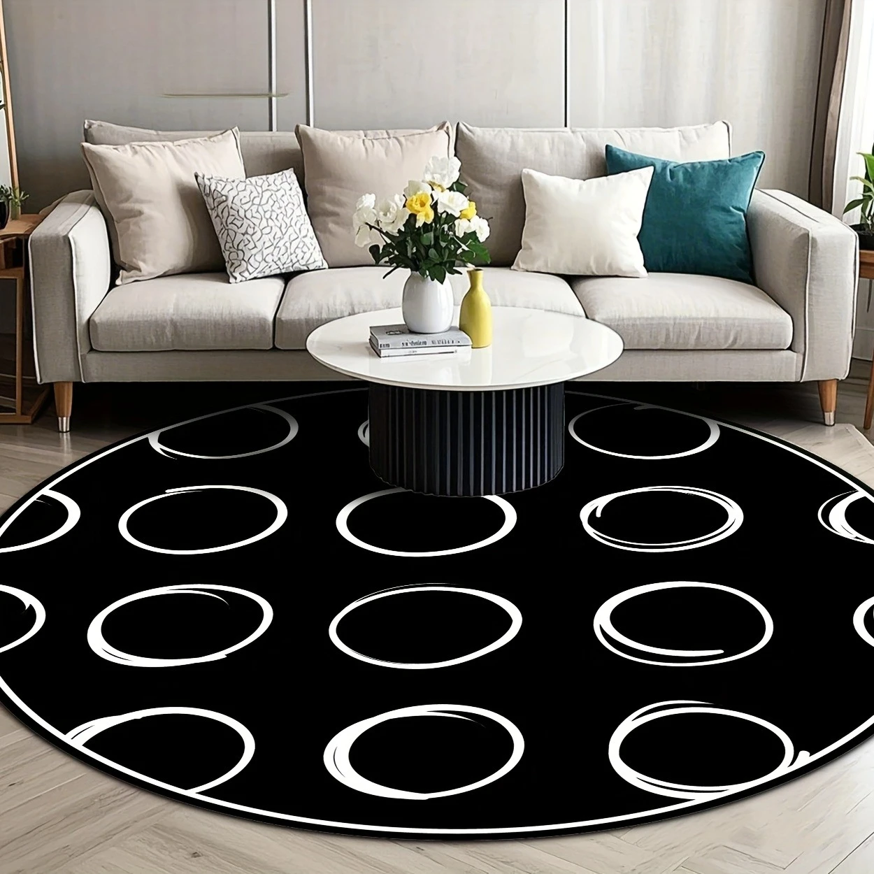 Modern Sketch Ring Pattern Circular Area Rug Simple Black Background White Outline Round Doormat Anti Slip Bedroom Floor Rug