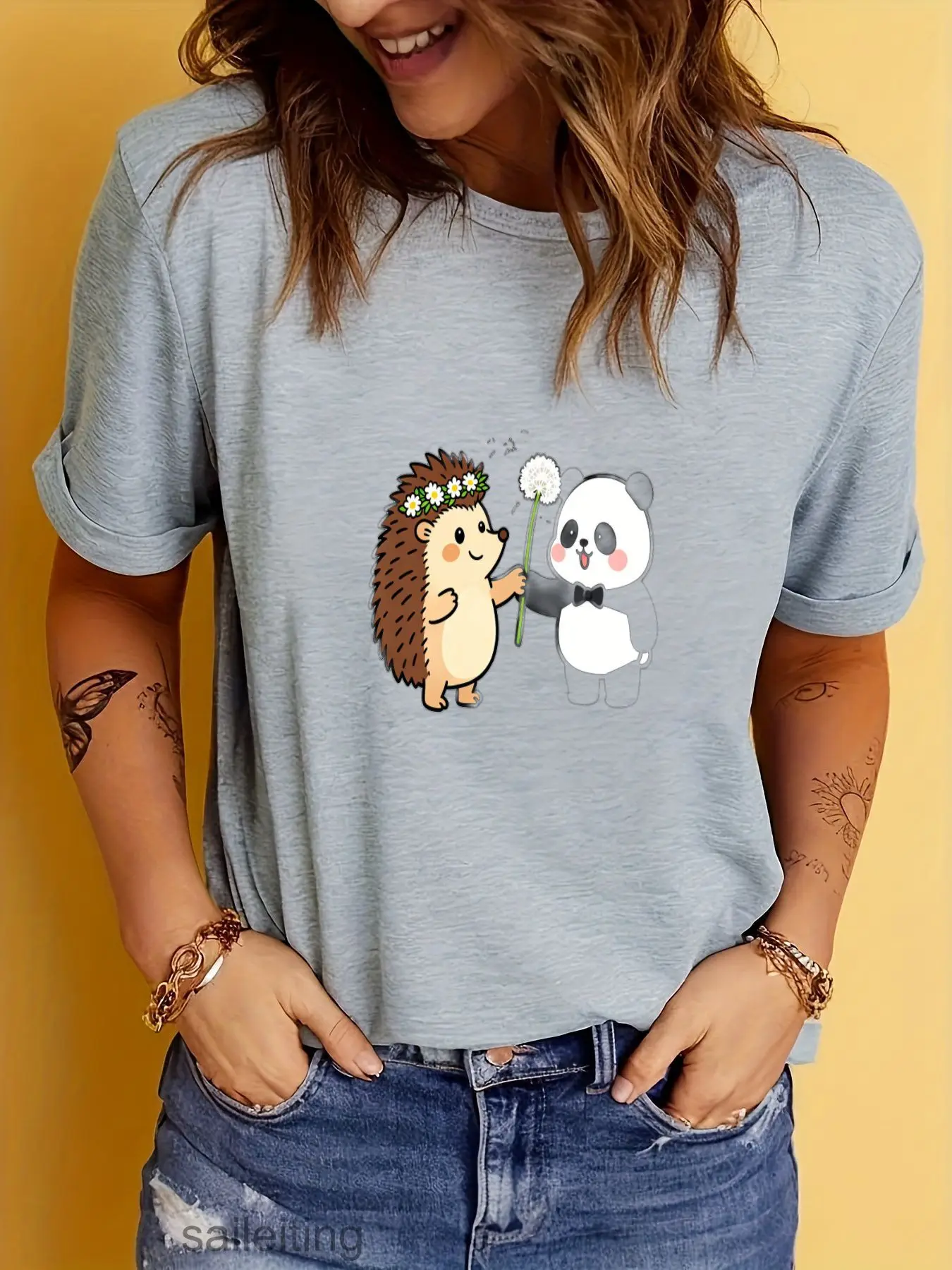 Cute Hedgehog & Panda Bear Cartoon T-Shirt Women Men Short Sleeve Summer Casual Kawaii Animal Print Graphic Tee Soft Breathab